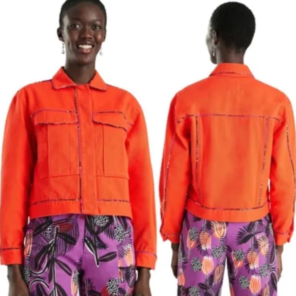 Desigual Denim Jacket Medium Orange Contrasting Trim Pockets Snap Closure Unique